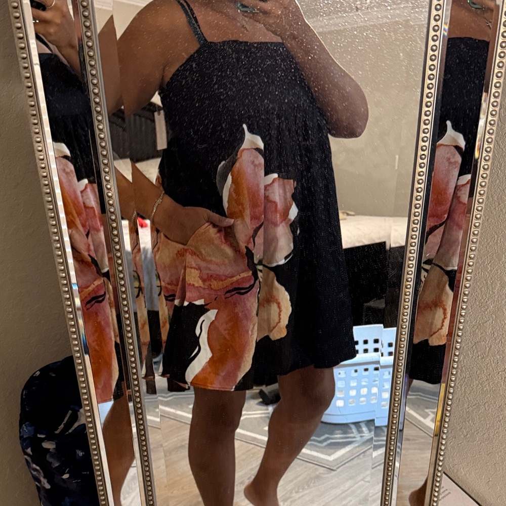 Floral Black Romper with Pink and Orange Accents